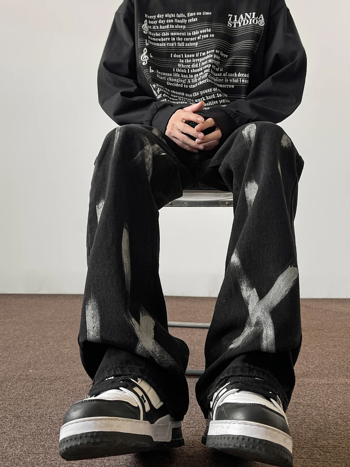 العصرية كبيرة الحجم الصباغة رذاذ رسمت واسعة الساق الجينز فضفاضة الرجال عادية مستقيم أنبوب بنطلون منخفضة الخصر سستة الربيع الشباب #1