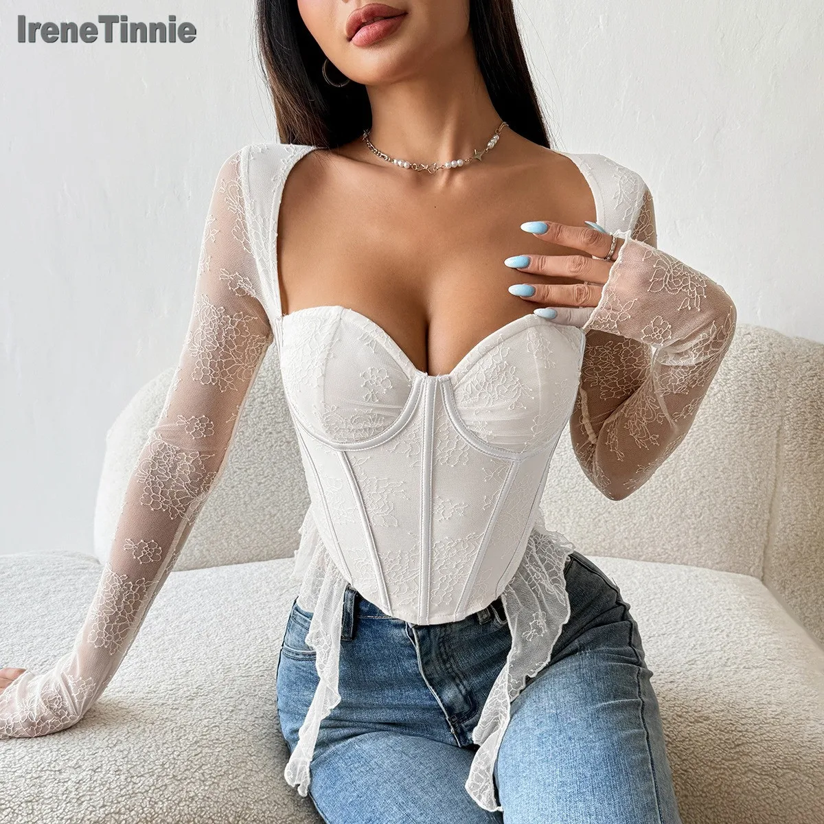 

IRENE TINNIE Ultra Thin Lace Fishbone Tank Top Women Mesh Long Sleeve Slim Fit Shinny Vest Outerwear Daily Street Sweet Clothes