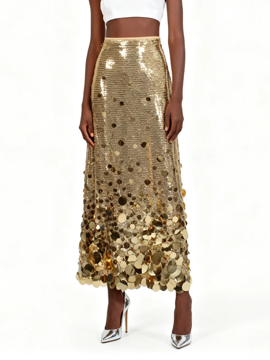 VGH رائع التخسيس الصلبة الترتر تنورة طويلة للنساء عالية الخصر تقسم سستة الخريف مزاجه تنورة الحفلات الإناث نمط