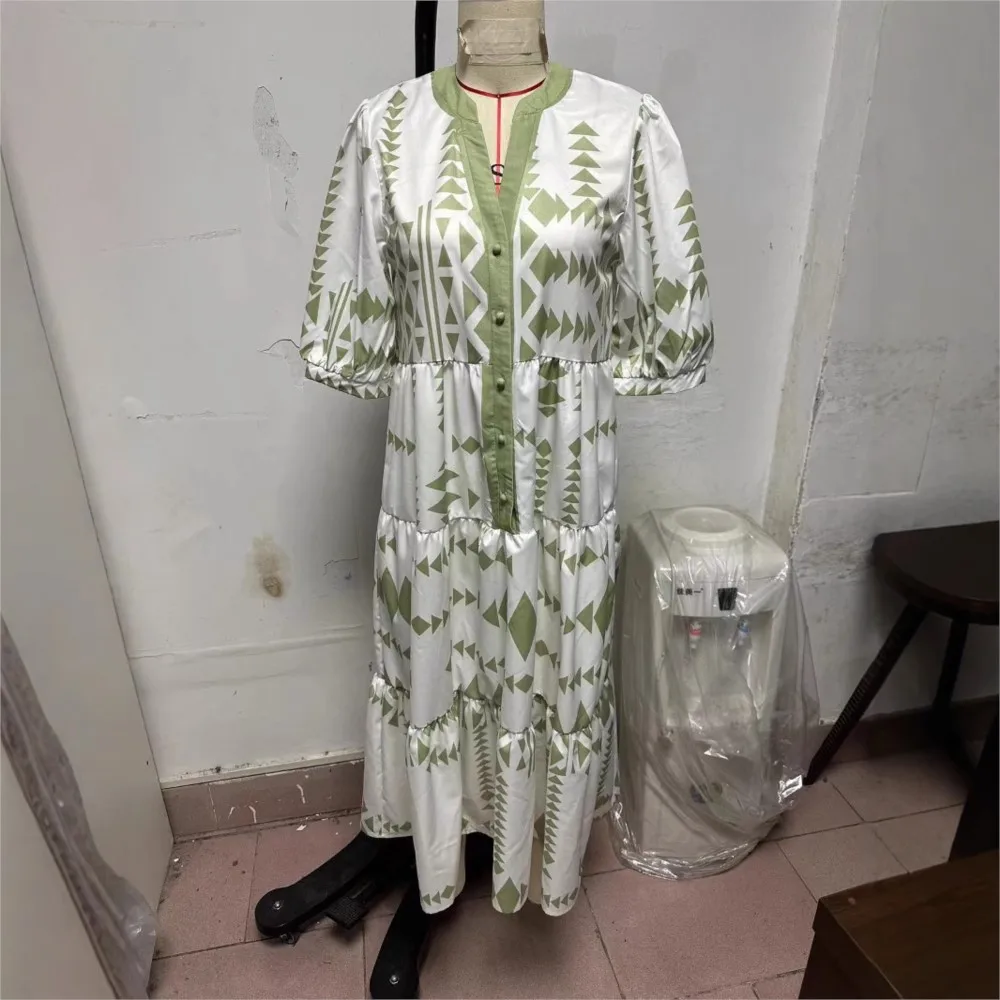 Vestidos holgados con estampado de verano para mujer, camisa con cuello en V y botones, vestido informal de playa elegante de manga corta para mujer 2025