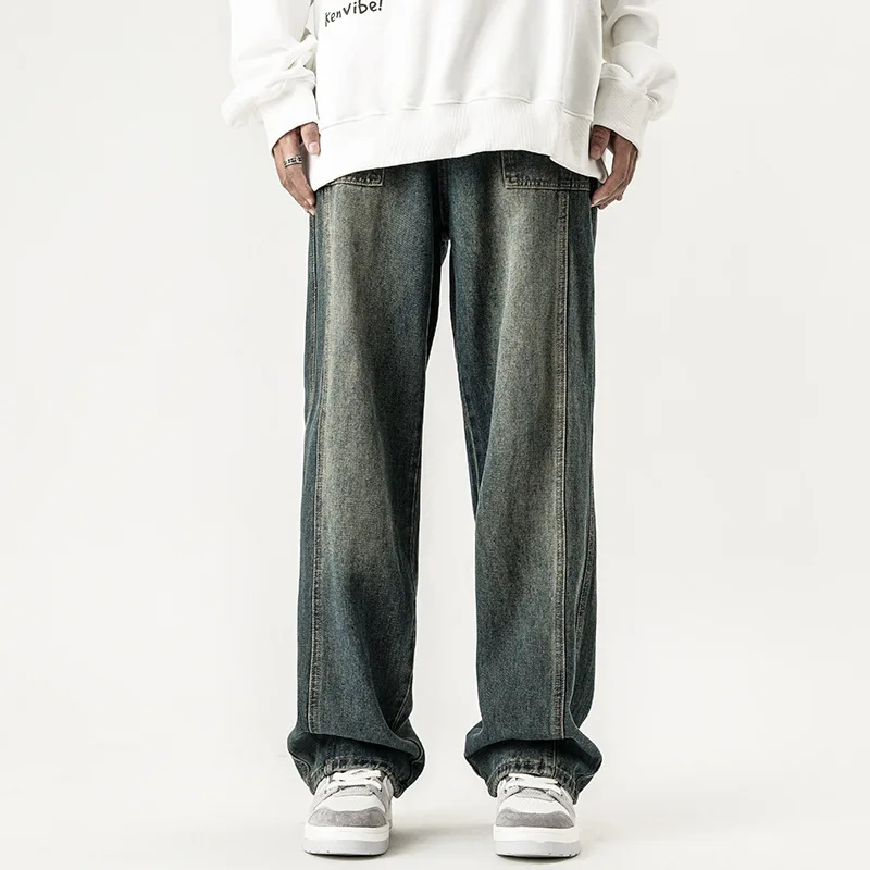American fashion patchwork design jeans for men\'s autumn and winter straight high street pants wide leg jeans cargo pants men