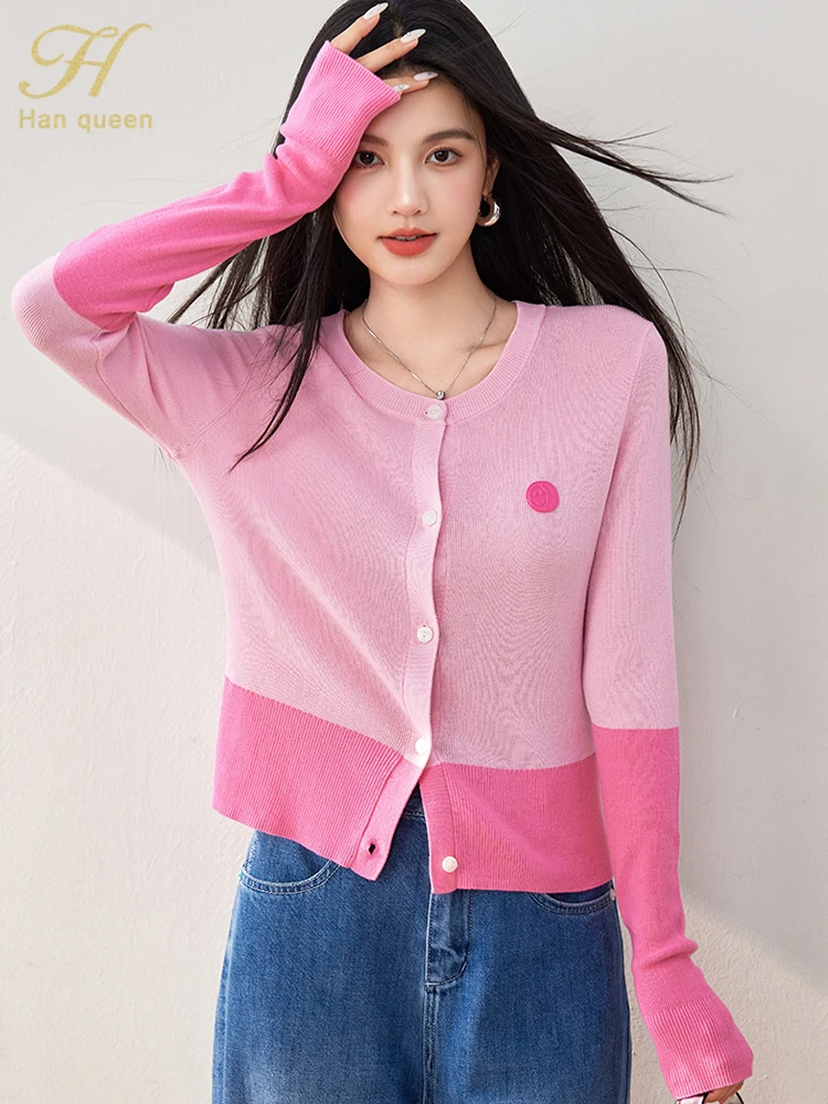 H Han Queen 2024 Autumn Knitted Cardigan Sweater For Women Tops Simple Basic Casual Korean Long Sleeve Vintage Knitwear Coats