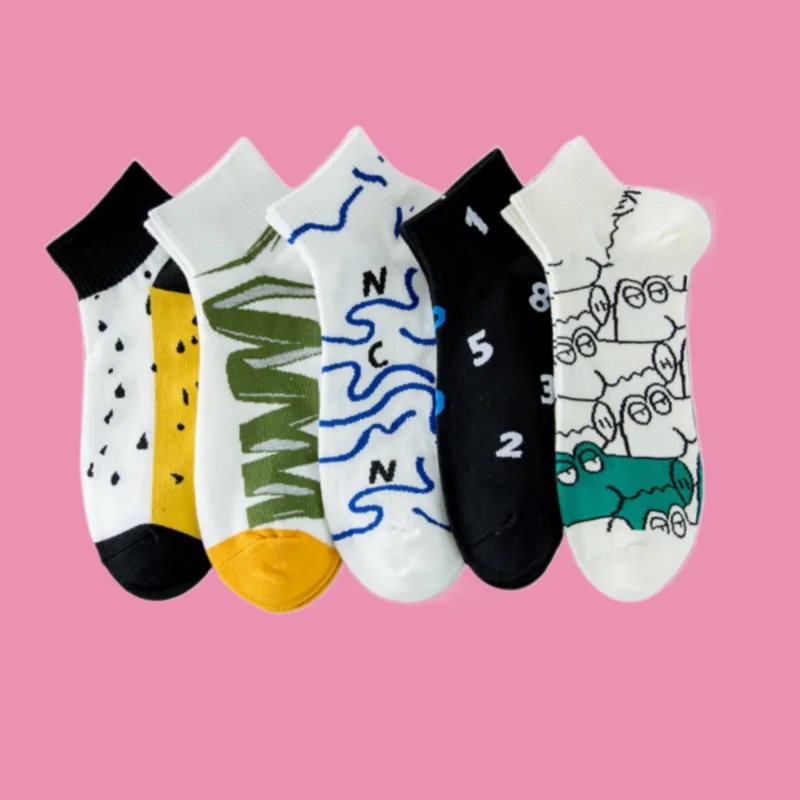 5/10 Pairs Summer Men's Breathable Trendy Fashion Socks Low-top Sports Socks Comfort Casual Student All-match Cartoon Socks