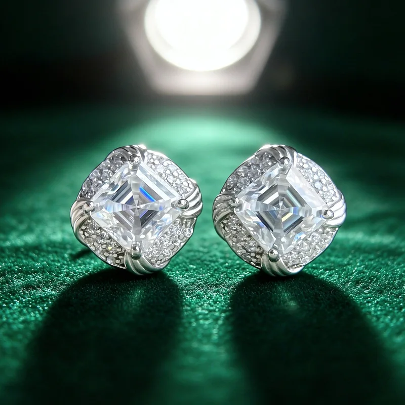 1ct 6*6mm Pagoda Asscher Moissanite Earrings S925 Sterling silver Fashion Jewelry threaded stud earrings  for women