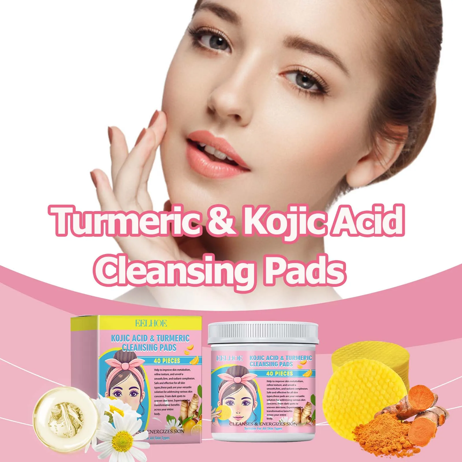 40pcs Turmeric Kojic Acid Facial Cleansing Pads Exfoliating Cleaning Remover Pores Dirt Moisturizing Daily Face Clean Skin Care