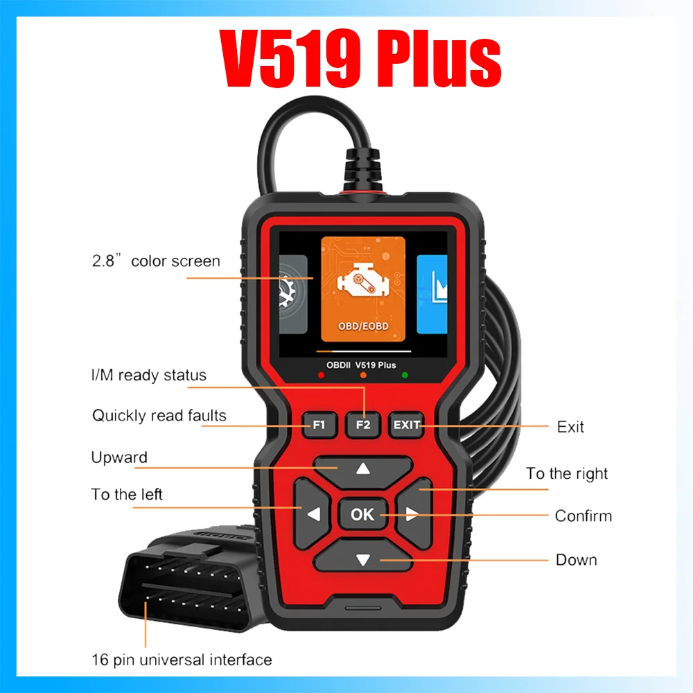 V519 Plus OBD2 Scanner Car Engine Fault Code Reader OBD-II Diagnostic Scan Tool Real Time Data Stream Universal Car OBD Detector