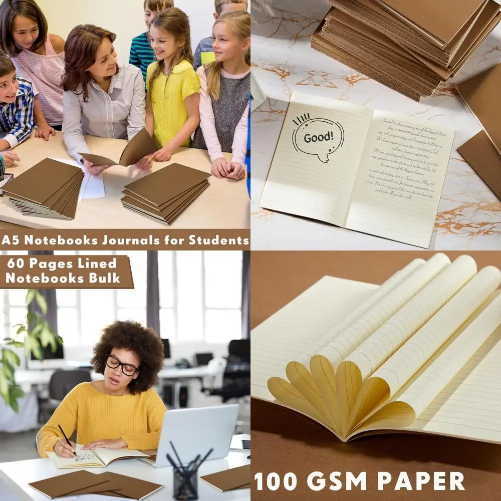 دفاتر ملاحظات كرافت مقاس A6، 150 قطعة، 5.82 × 4.13 بوصة، 48 صفحة، مبطنة، غطاء ناعم، بني داكن للأطفال والطلاب #1