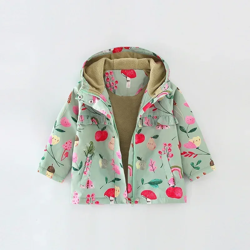 2025 New Baby Print Spring Outdoor Girl Jackets Hooded Zipper Long Sleeve Children Outerwear Polyester Sport Casual Kids Coats