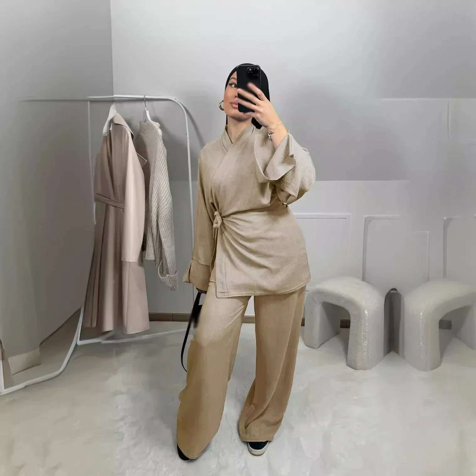 

Women Muslim Matching Sets Long Sleeve Blouse Wide Leg Trousers Suit 2 Pieces Lace Up Tops Pants Dubai Tracksuits Outfits Abaya