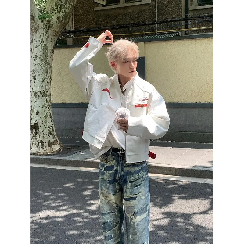 سترة جلدية للسباق من American High Street للرجال من Street Sle فضفاضة ومطرزة راقية ومطرزة للدراجات النارية للشباب #2