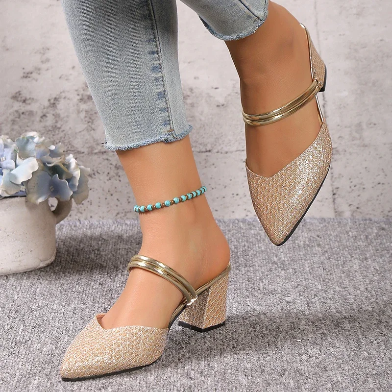 Goud Zilver Bling Hoge Hak Pumps Damesmode Rugband Slip-On Feestschoenen Vrouw Puntige Neus Slingbacks Schoenen Met Dikke Hakken