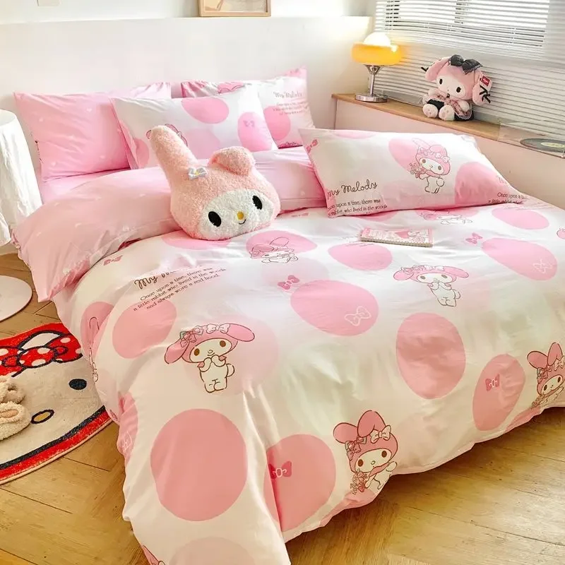 Kuromi My melody pure cotton three-piece set Sanrio comfortable soft bed sheet duvet cover anime cartoon girly heart bedding