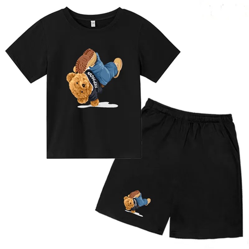 

Kids T-shirt Cute Mischievous Funny Bear Print Boys/girls Pre-school Top+shorts 2P 3-13Y Birthday Gift Casual Fashion Sports Set