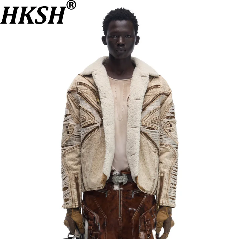 

HKSH Autumn Winter New Men Tide Punk Warm Broken Jacket Lamb Wool Denim Chic Ins Fashion Techwear Avant-Garde Dark Coats HK16719