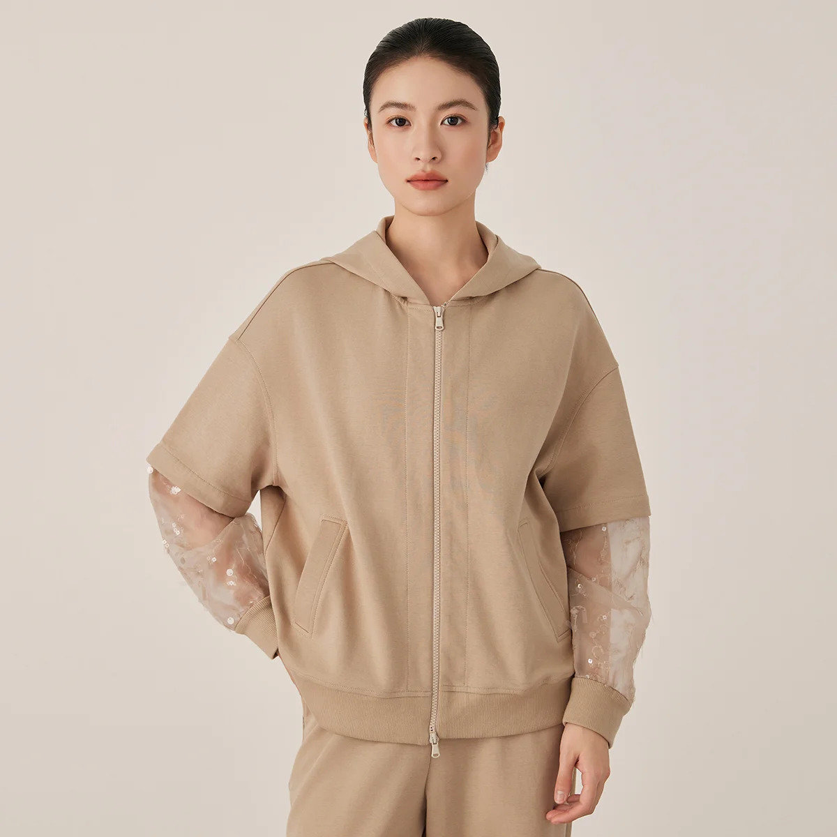 KX7523396 Women's Casual Zip-Up Hoodie with Sheer Sequin Sleeves Cotton Blend Comfortable Fashionable Streetwear