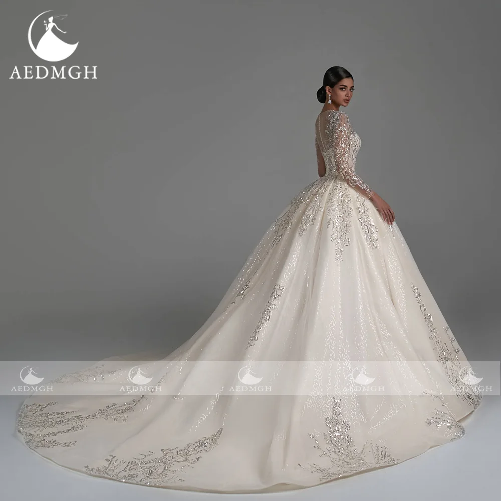 Aedmgh Baljurk Luxe Trouwjurken 2023 O-hals Lange Mouwen Vestido De Novia Lace Kralen Kapel Trein Glamorous Bruid Jurk