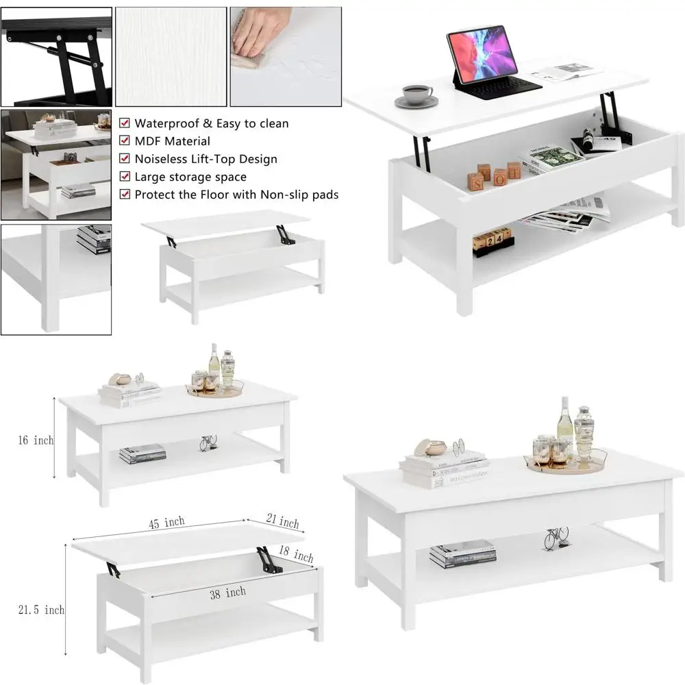 

Illuminated Coffee Table with Storage and Open Shelf, 45.28 Long, White for Living Room