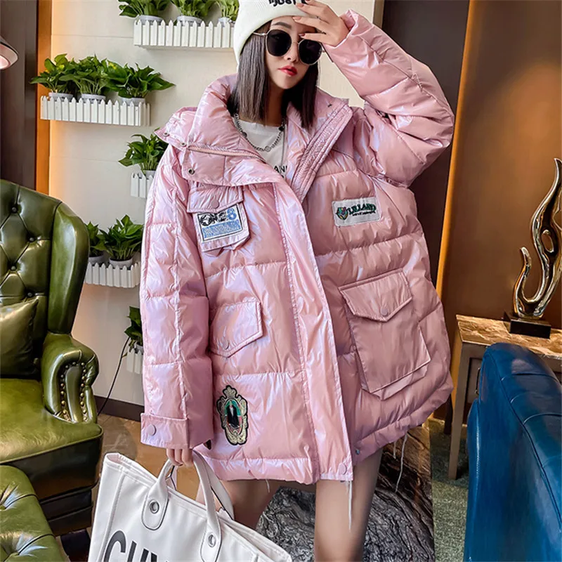 Winter Jacket Women Casual Hooded Down Jackets Pocket Zipper Fashion Embroidery Loose Cotton Coat Thick Warm Parkas Female