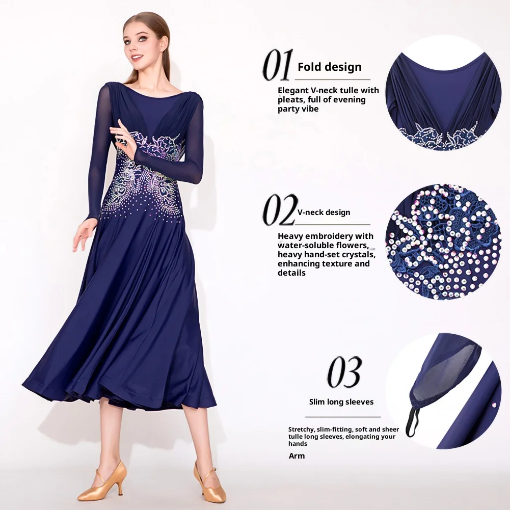 Moderne Tänzerin-Performance-Kostümshow, bestickter Walzer, tibetisches blaues Langarm-Übungskleid, Rundhalsausschnitt, Strasskleid