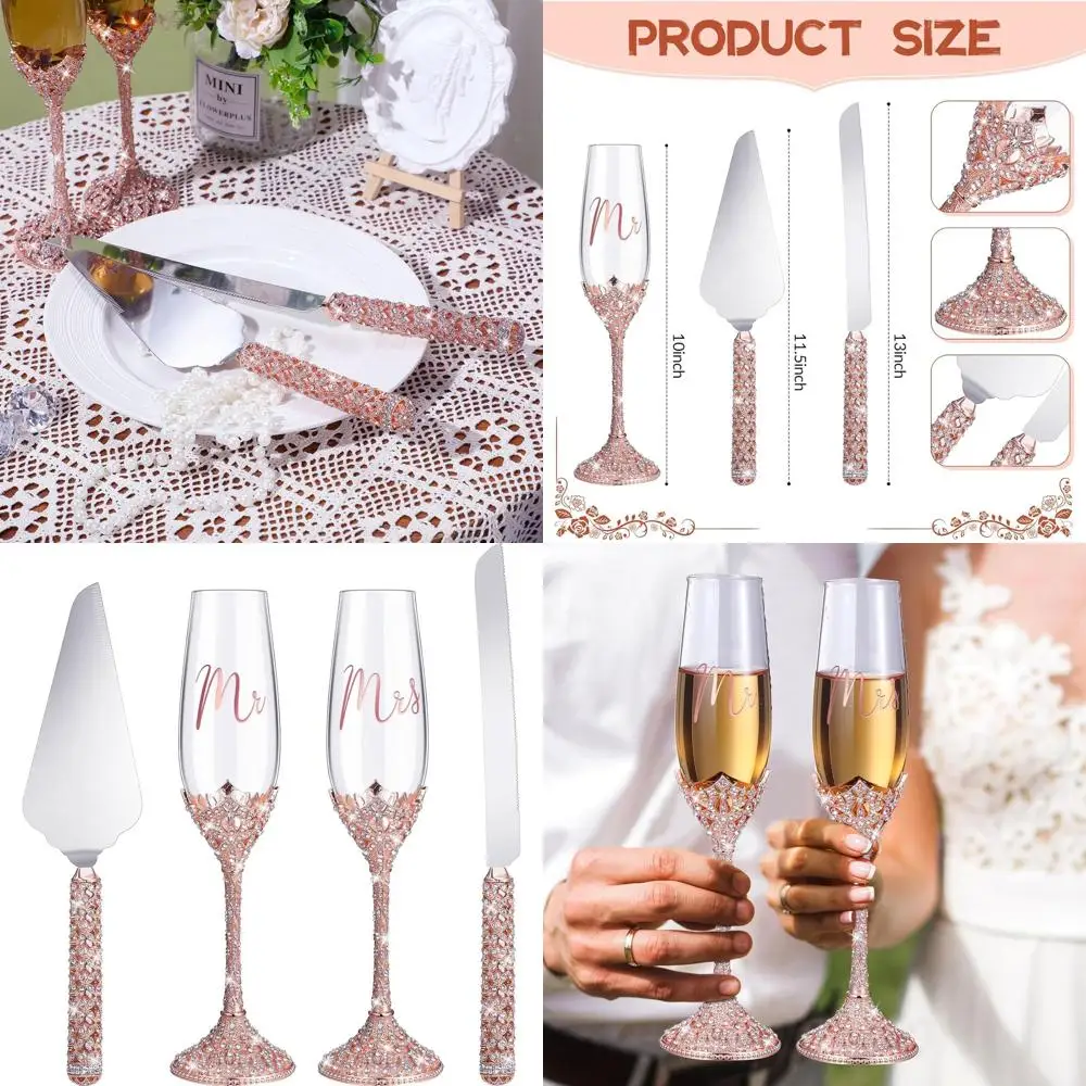

Rose Gold 4-Piece Wedding Cake Knife Set with Champagne Flutes, Crystal Rhinestone Glasses, and Serving Utensils for Bride and G