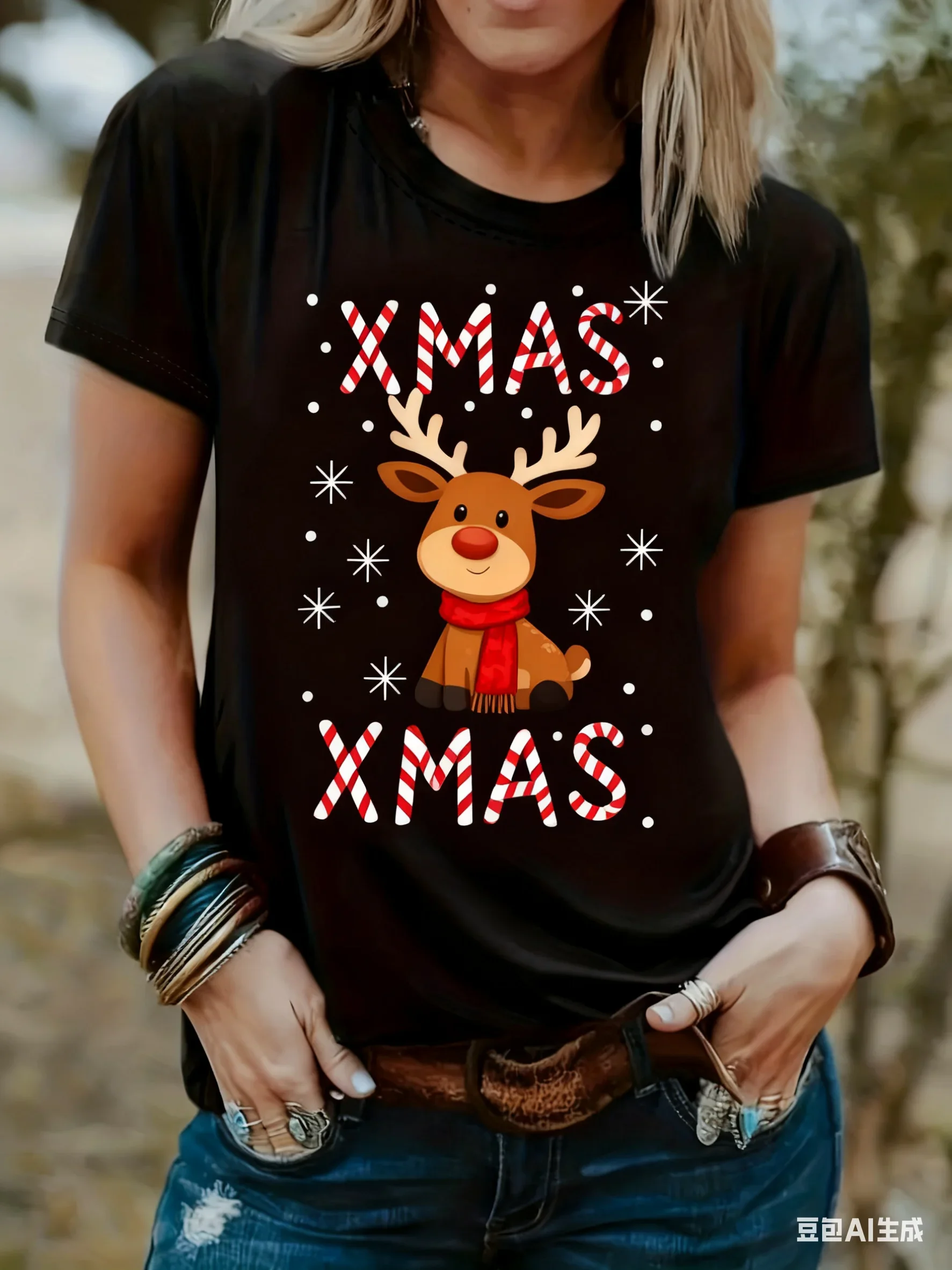 T-shirts imprimés père noël en 3D, à la mode, motif d'élan de noël, manches courtes, col rond, ample, haut pour fille, vêtements de noël pour femmes