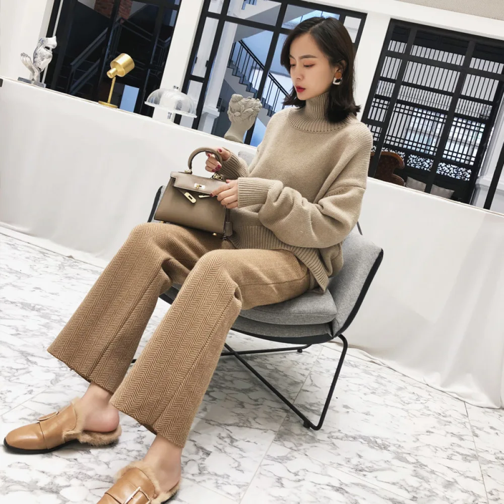 Autumn and Winter Knitted Wool Trousers Women Cashmere Wide-legged Trousers Padded and Thickened Herringbone Tweed Trousers Stra