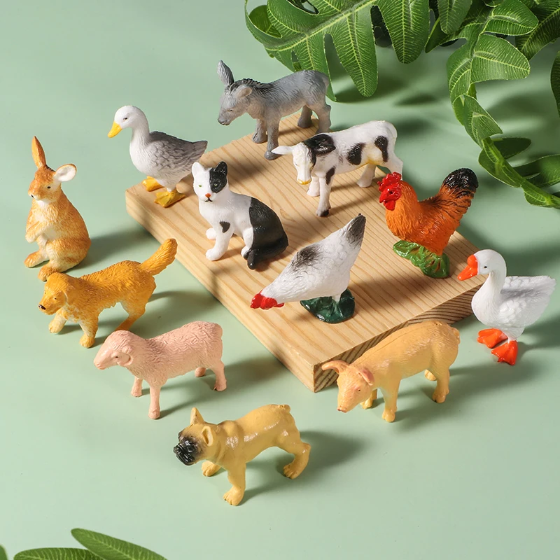 12pcs Mini Farm Figurines Realistic Animal Model Dog Duck Cock Pig Sheep Cat Action Figures Simulated PVC Educational Toy