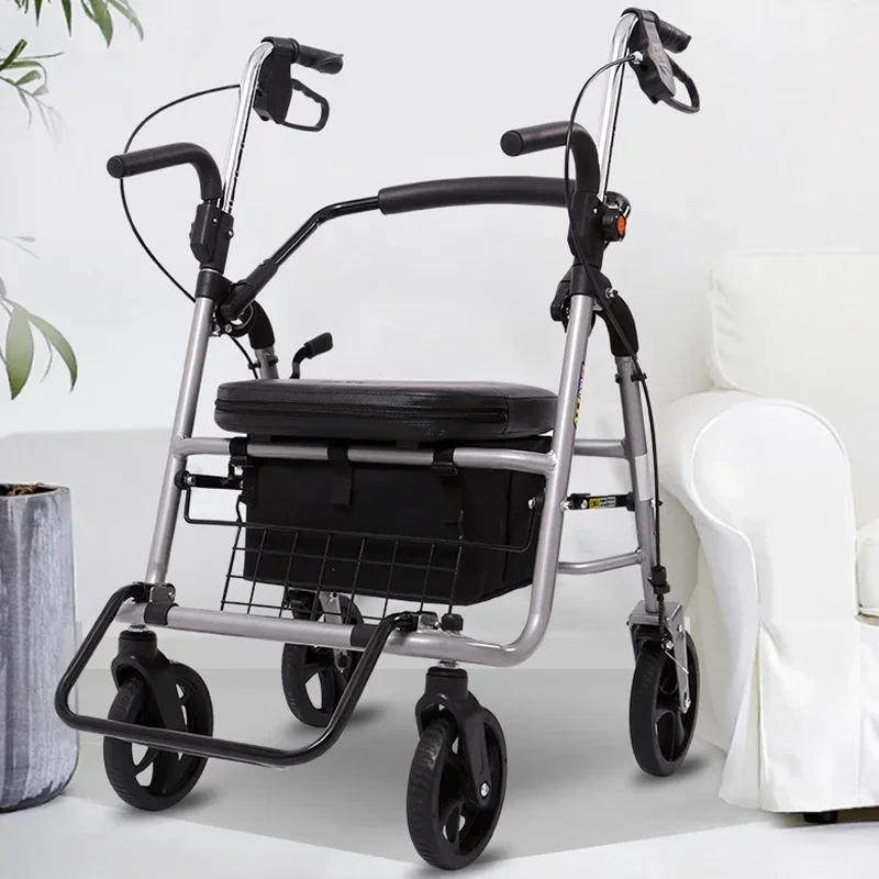 Elderly Walkers Assistant with Seat Crutch Hand-pushed Walking Aids Anti-fall Rollator Walker for Seniors Trolley Shopping Carts