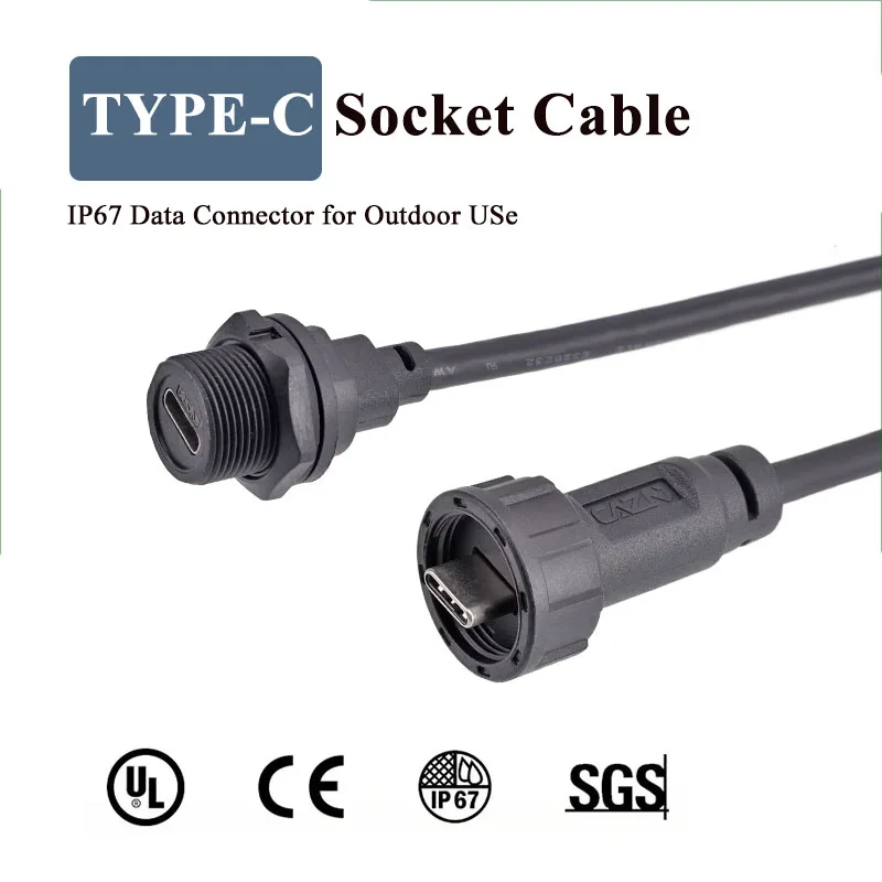 Threaded Type-C Waterproof Connector Cable IP67 Type-C Male Data Plug Wire F Outdoor Use USB 3.1 Solder Board Dual Female Socket