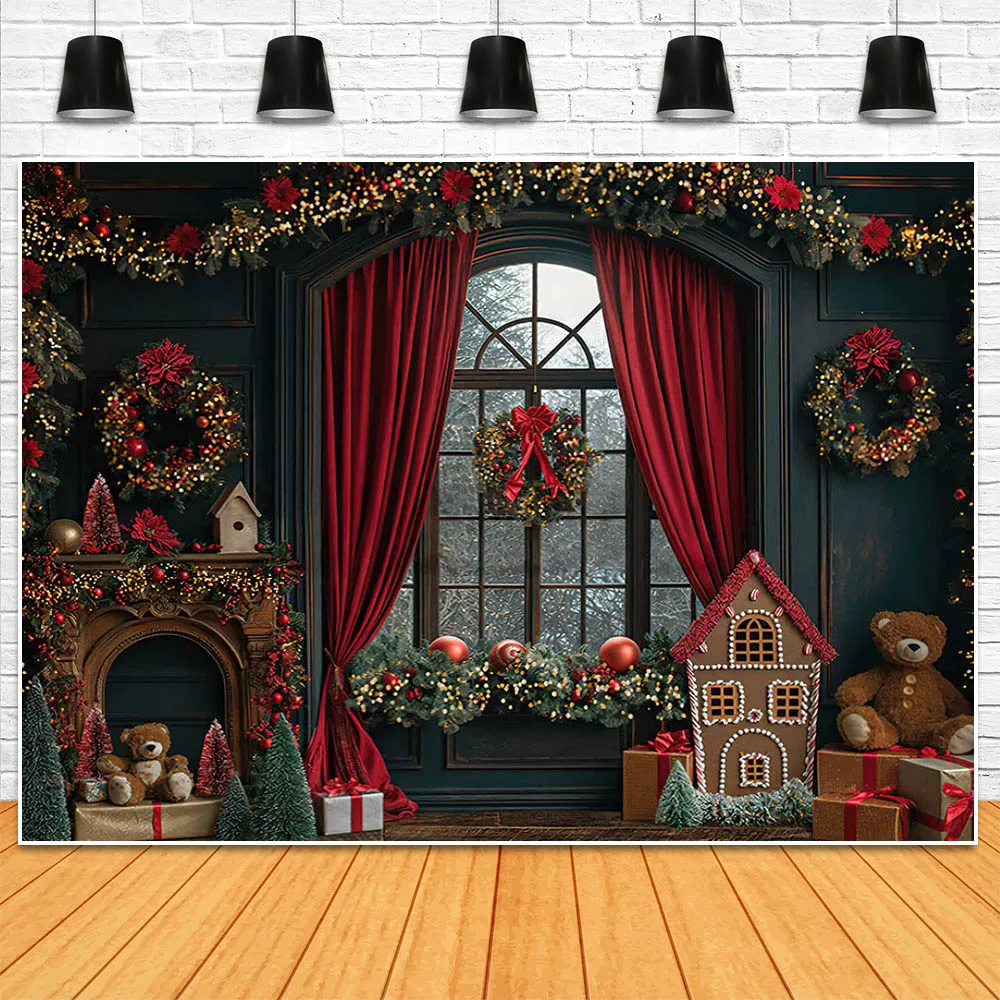 Mocsicka Christmas Photography Background Vintage Wall Window Red Curtain Wreath Family Portrait Backdrop Studio Photocall Props