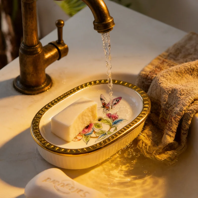 

European-Style Light Luxury Ceramic Soap Dish, High-End Double-Layer Draining Bathroom Soap Holder, Personalized Laundry Soap Di