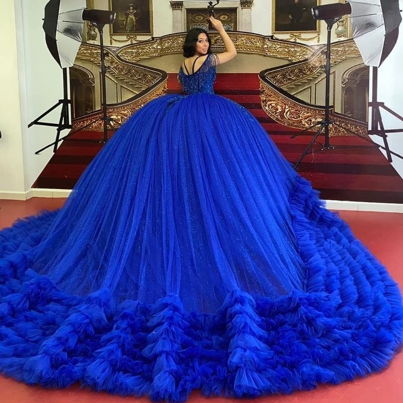 Royal Blue Shiny Quinceanera Dresses all Gown Off The Shoulder Lace Beads Tull Tiered Vestidos De 15 Princess Party Sweet 16