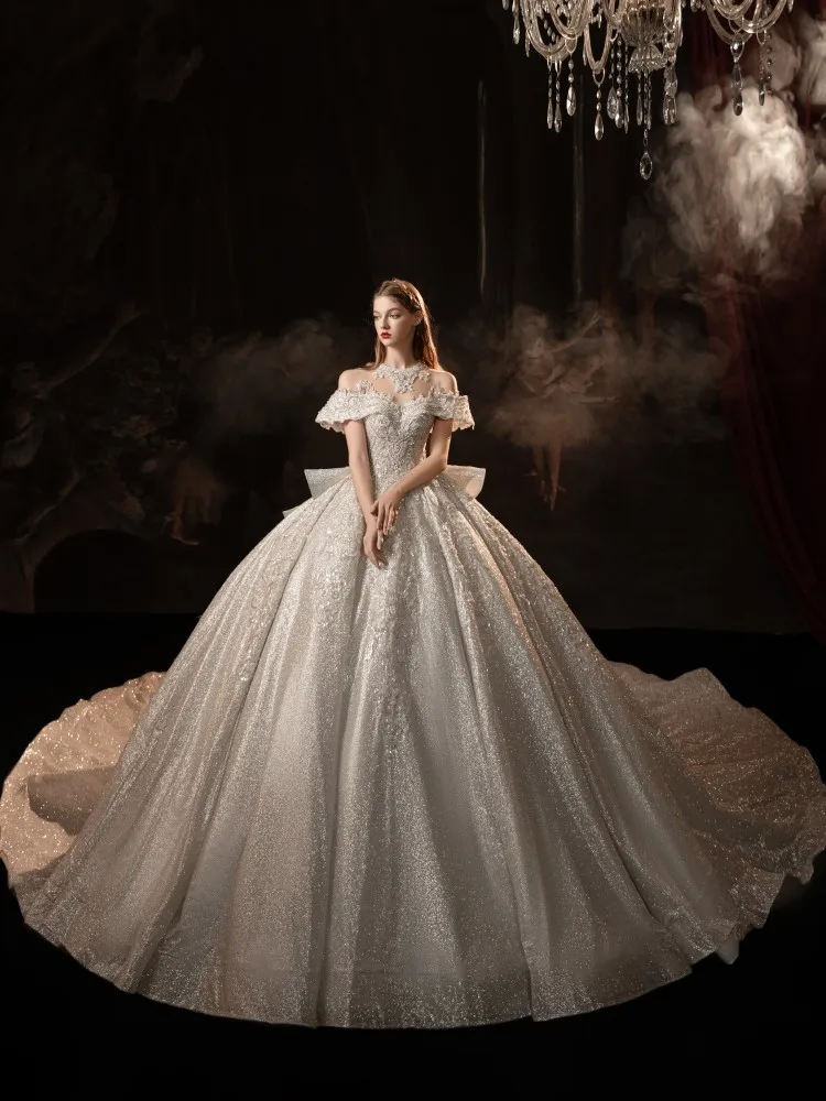 

New luxurious main fabric super heavy trailing one-shoulder dress