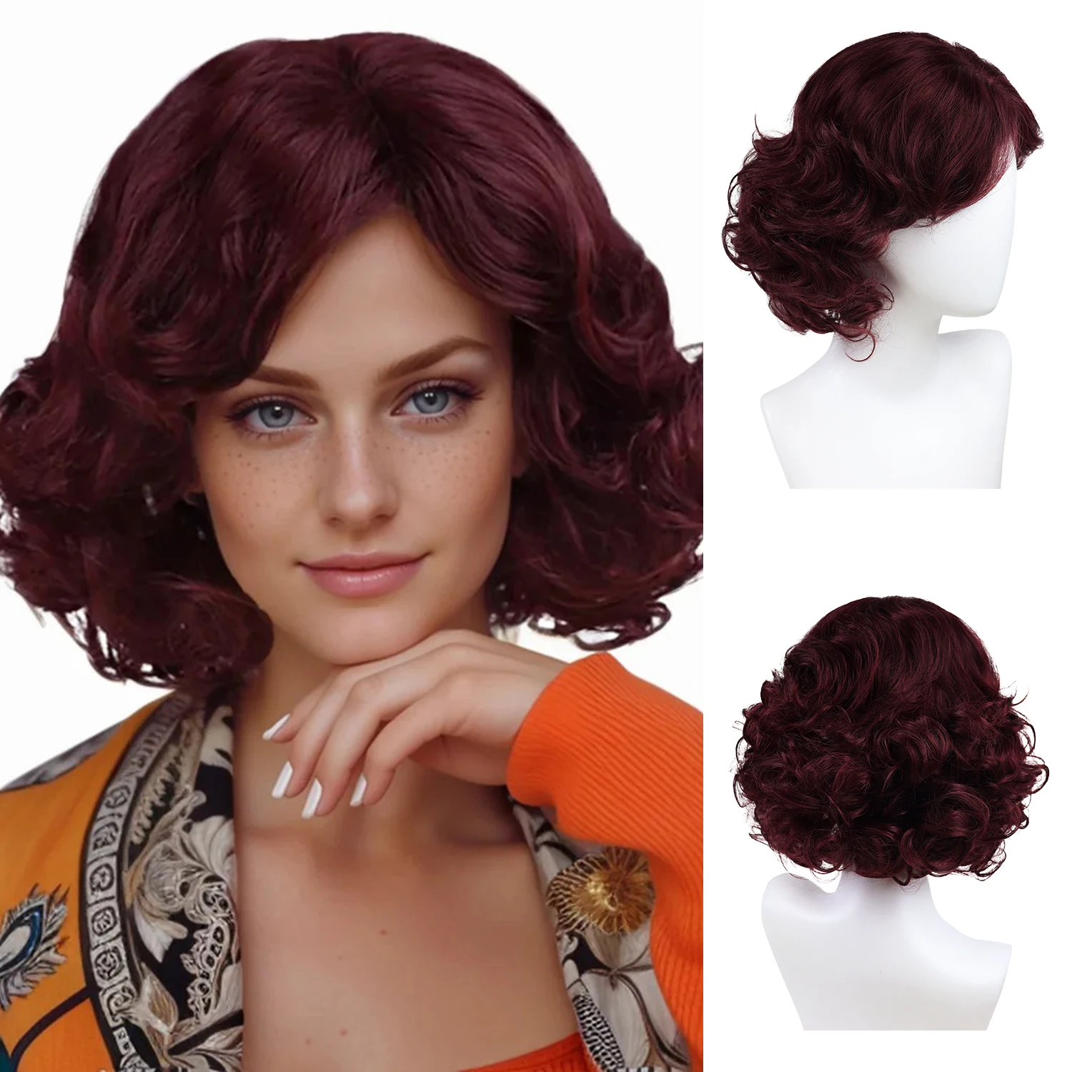 

Synthetic Hair Wine Red Mommy Wig Short Curly Wigs with Bangs for Women Natural Hairstyles Fluffy Old Ladies Wigs Daily Cosplay