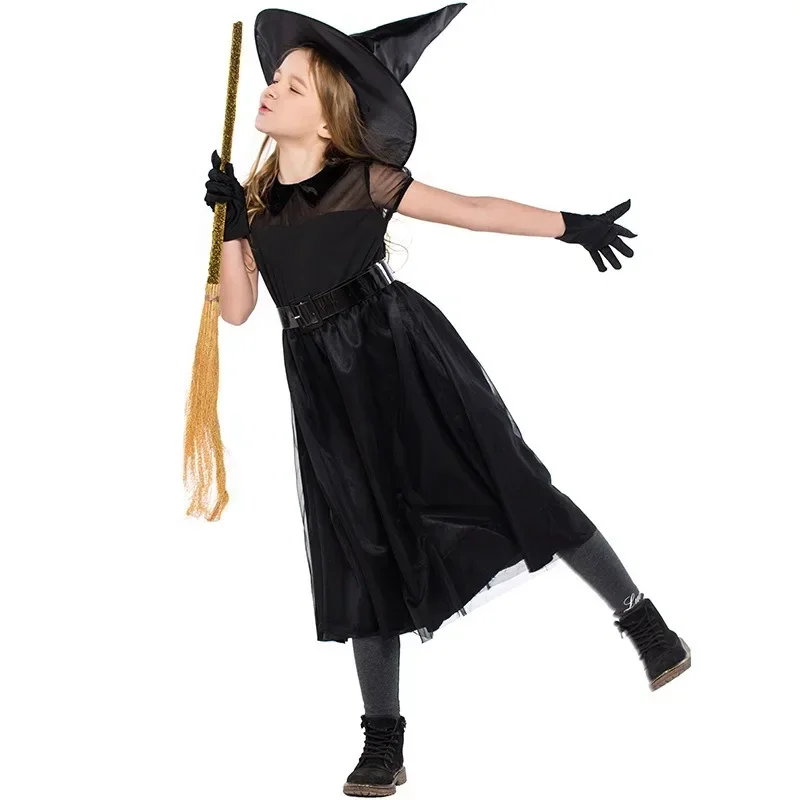 

Kids Halloween Apparel Horror Dress Witch Costume with Hat and Wand Girl Carnival Pageant Black Magic Villain Wiard Cosplay Gown