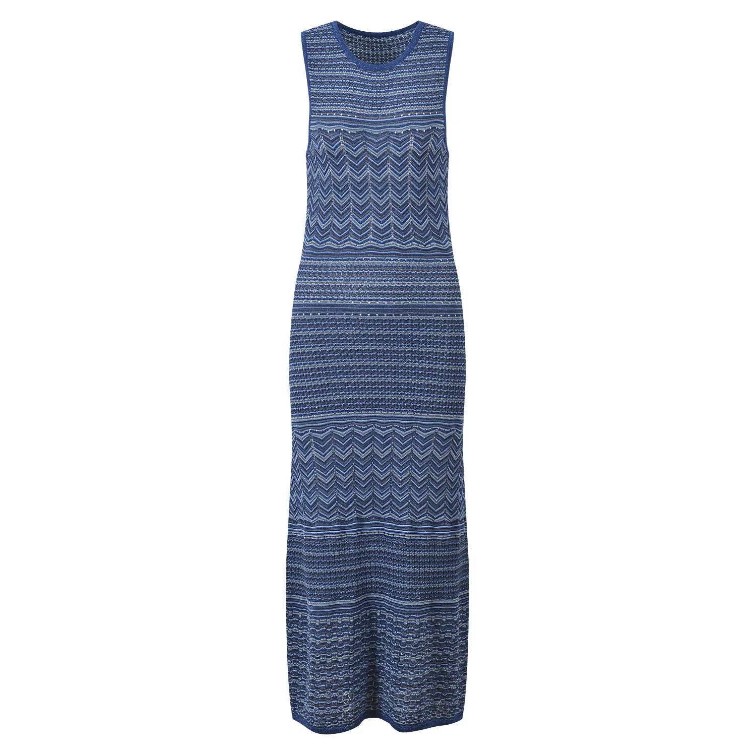

Women's blue striped knitted dress sleeveless round neck slim fit elegant midi robe