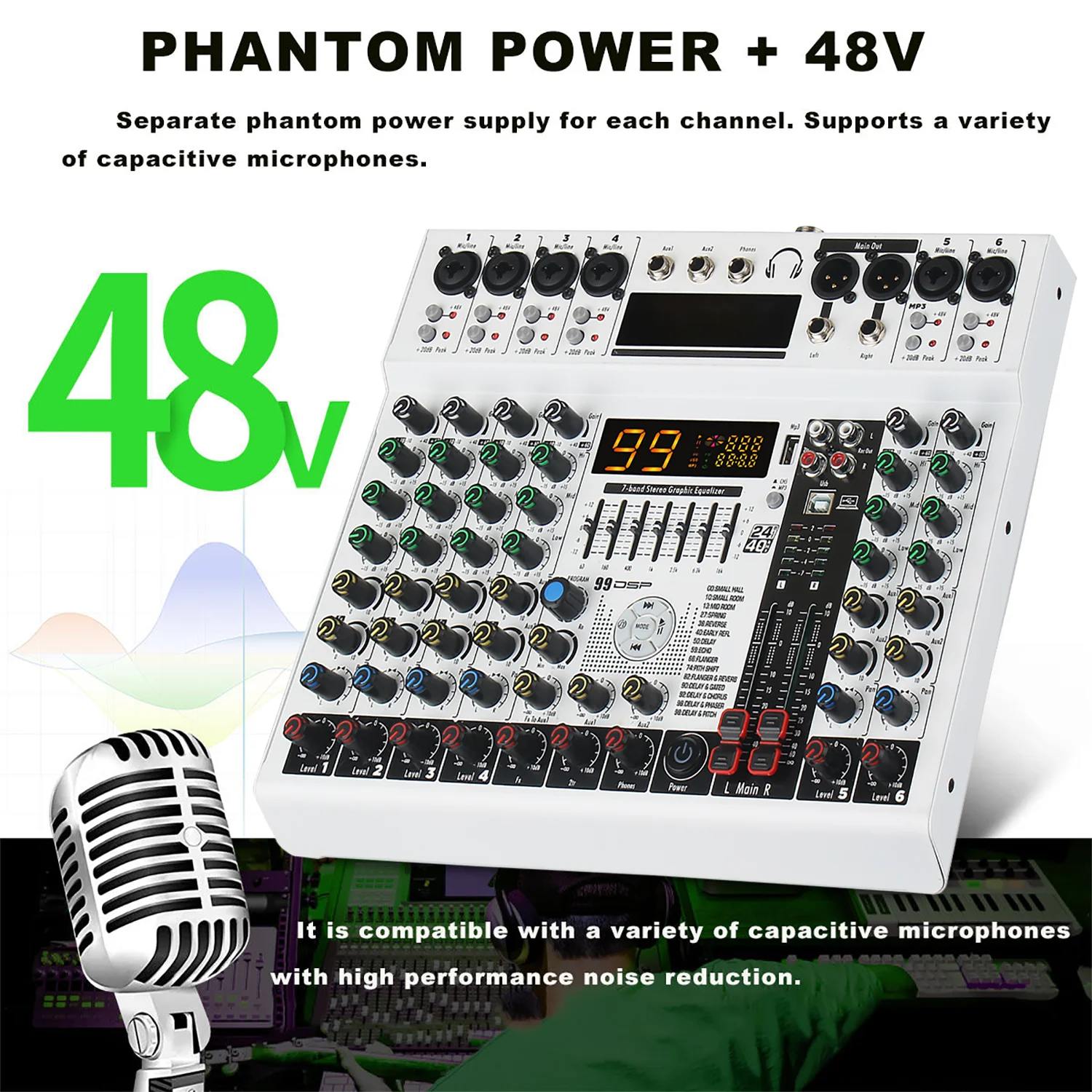 

GAX-ME06 Professional 6/8 channel mixing console with 48V phantom power supply and 3-Band EQ,support USB connection