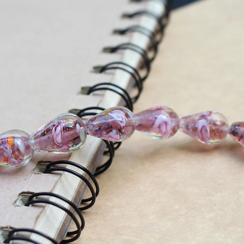 20Pcs 9mm*16mm Drop Shape Lampwork Glass Beads Flower With Inner Colorful Pieces DIY White Purple Color for Jewelry Making