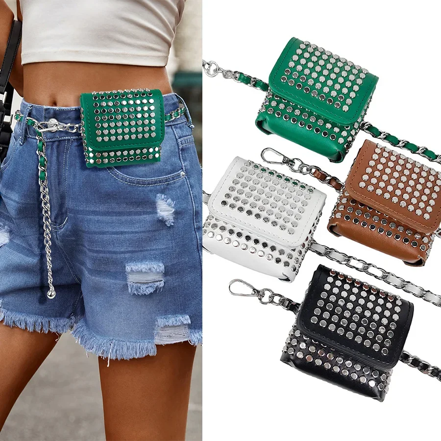 

Fashionable small fragrant wind rivets metal chain mini Fanny pack model catwalk dress waist chain 2024 new thin waist belt