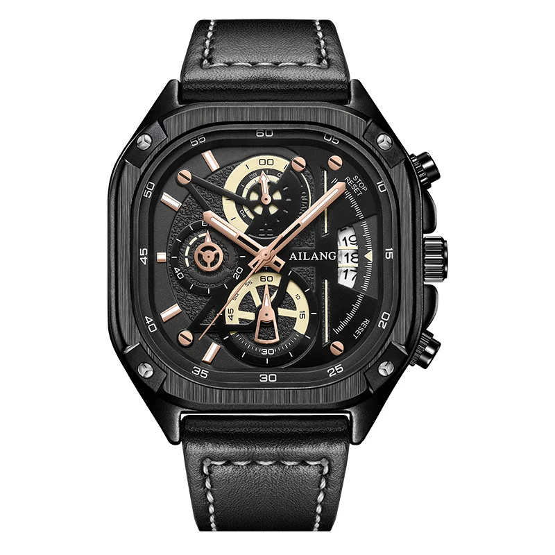 ブラッククォーツウォッチ 防水スクエアダイヤル腕時計 クロノグラフ付き 2026年現在 発光針 自動日付表示 Ai Lang
