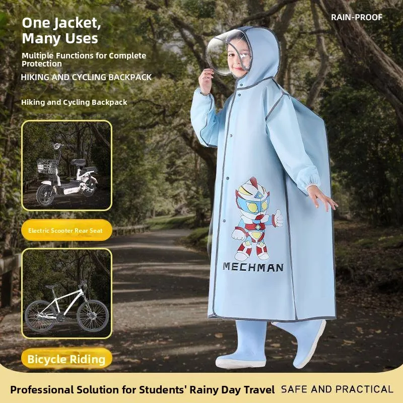 Durable Children's Raincoat Full-Body School Kids Rainwear with Bag Positioning Male Model Thickened Waterproof Hiking Rainwear