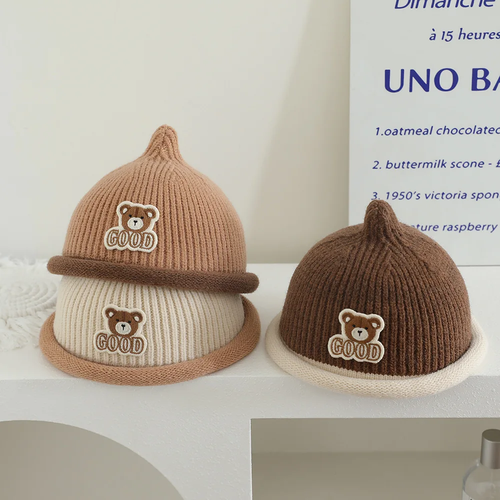 

Korean Cute Bear Baby Winter Hat Solid Color Pompom Knitted Warm Beanie Cap Windproof Warm Kids Girls Brimless Hats