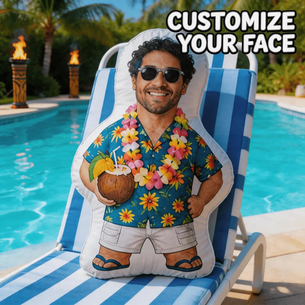 Custom Photo Shaped Pillow, Funny for Man in Hawaiian Shirt & Fashion Glasses Holding Coconut Decorative Cushion, Tropical Vacat
