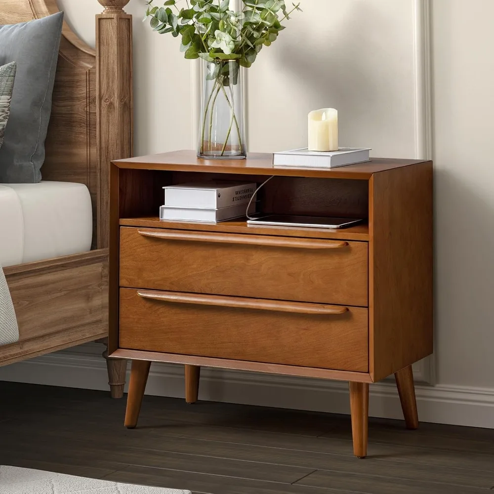 Nightstand with Charging Station, Mid-Century Modern 2 Drawer and Open Shelf Dresser for Bedroom, Fluted Bedside Table, Acorn