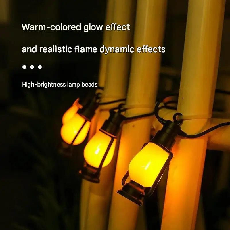 Solar Flame Lantern String Lights Outdoor Vintage Hanging Fairy Light Waterproof Dusk to Dawn Lawn Yard Patio Decor 6.5m 10 LEDs