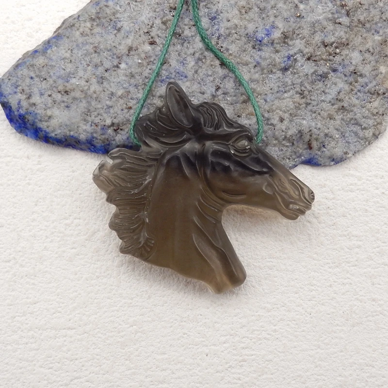 Quartz Carved Horse Head Pendant Bead, Handmade Jewelry, Smoky Quartz, Animal Necklace Accessories, 48x46x9mm, 22g