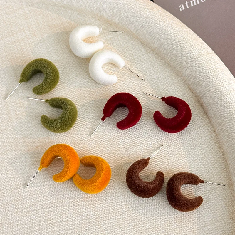 Lightweight Flocked C Shape Bean Stud Earrings Versatile Chic Fall Winter Commute for Women