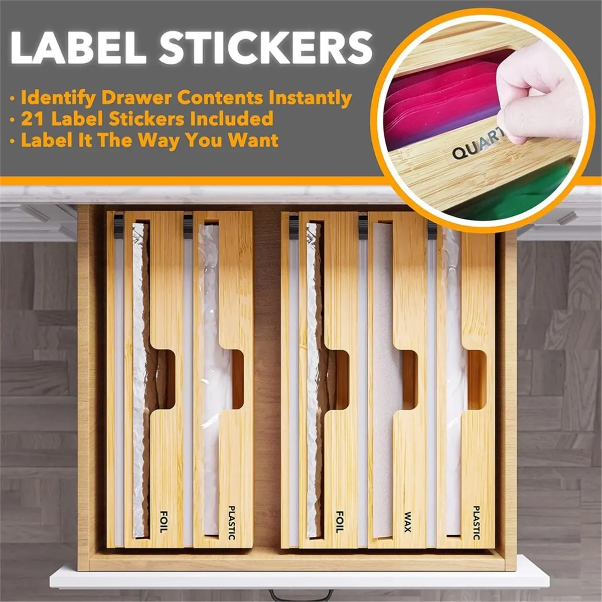 3in1 Wrap Organizer with Cutter,for Plastic Wrap,Aluminum Foil and Wax Bamboo Dispenser for Kitchen Storage Organization