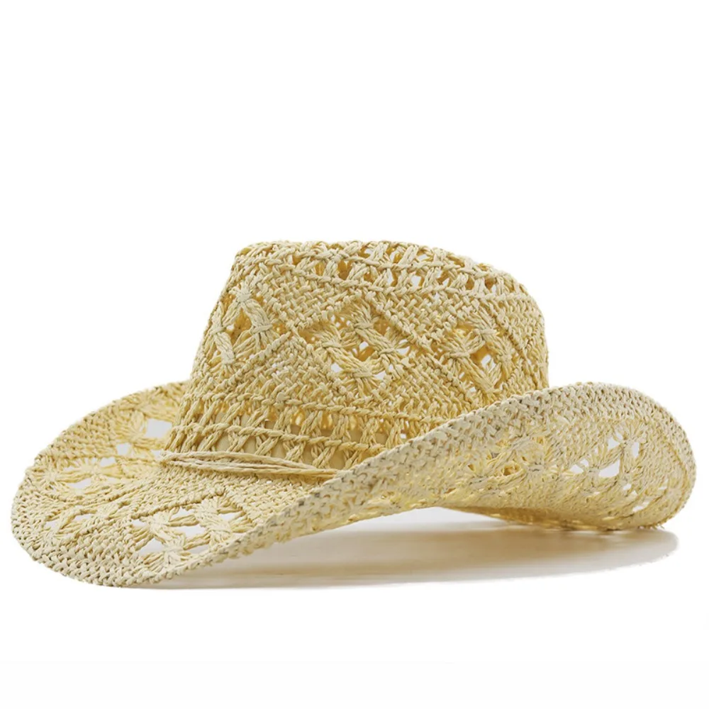 Breathable Wide Brim Hollow Straw Hat Curled Woven Western Cowboy Cap Korean Style Handmade Sun Hat Work