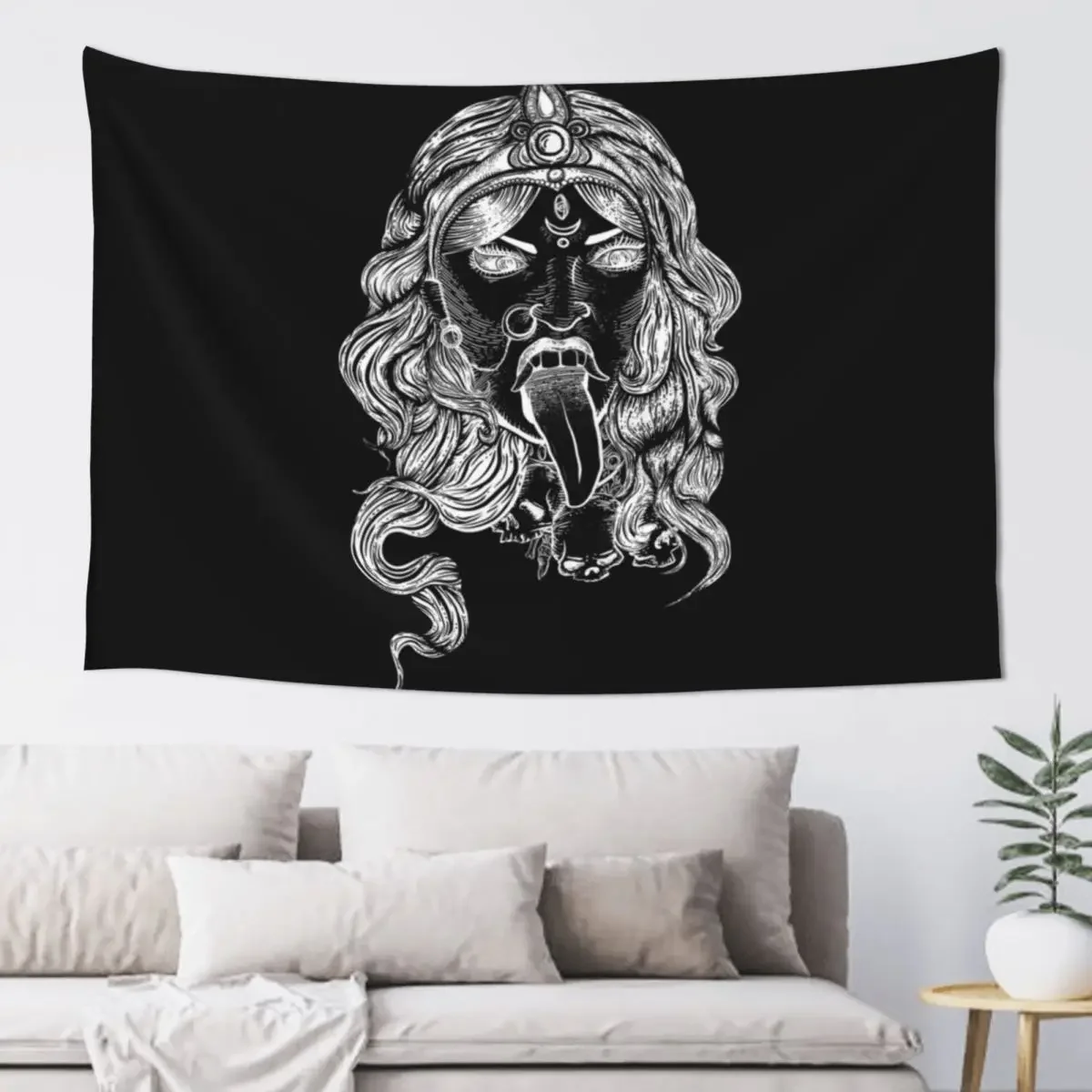 Kali Ma Illustration, Destroyer of Evil, Hand drawn Hindu Goddess Tapestry Aesthetic Decoration Christmas Decoration Tapestry